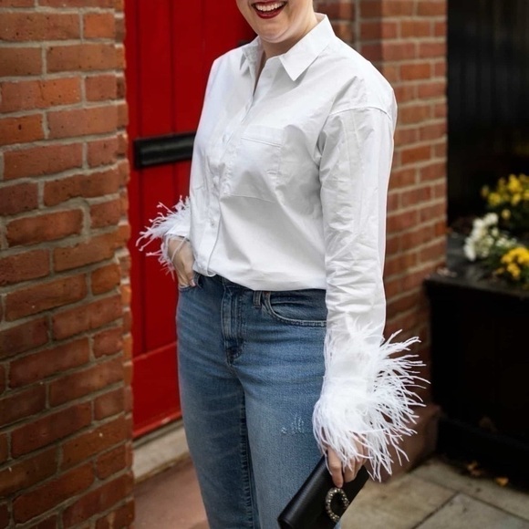 NEW J.Crew Feather Trim Cotton Poplin Button Up Shirt With Collar White - Picture 8 of 16